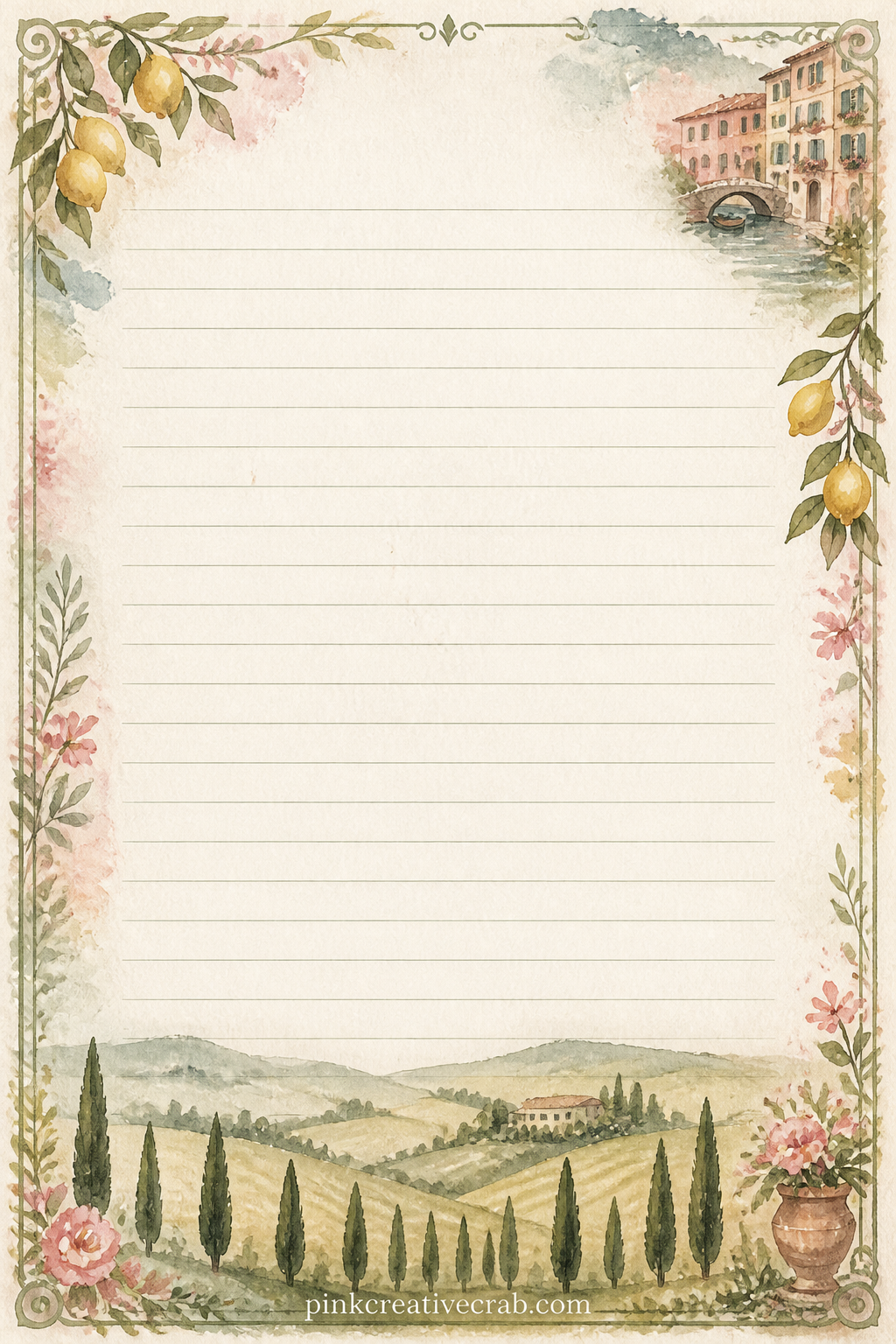 Tuscan Hills Lined Page printable page — Fit a wine tasting list, a vineyard visit date, or a note about the harvest onto these lines, framed by a row of
