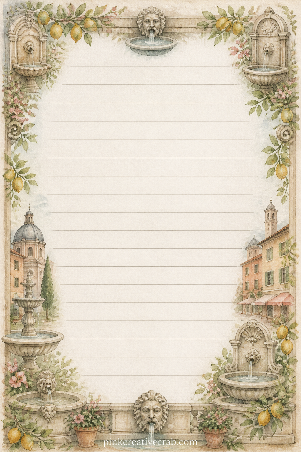 Roman Piazza Lined Page printable page — Write a fountain wish, a menu from a trattoria, or directions back to a favorite piazza on these lines, set inside a