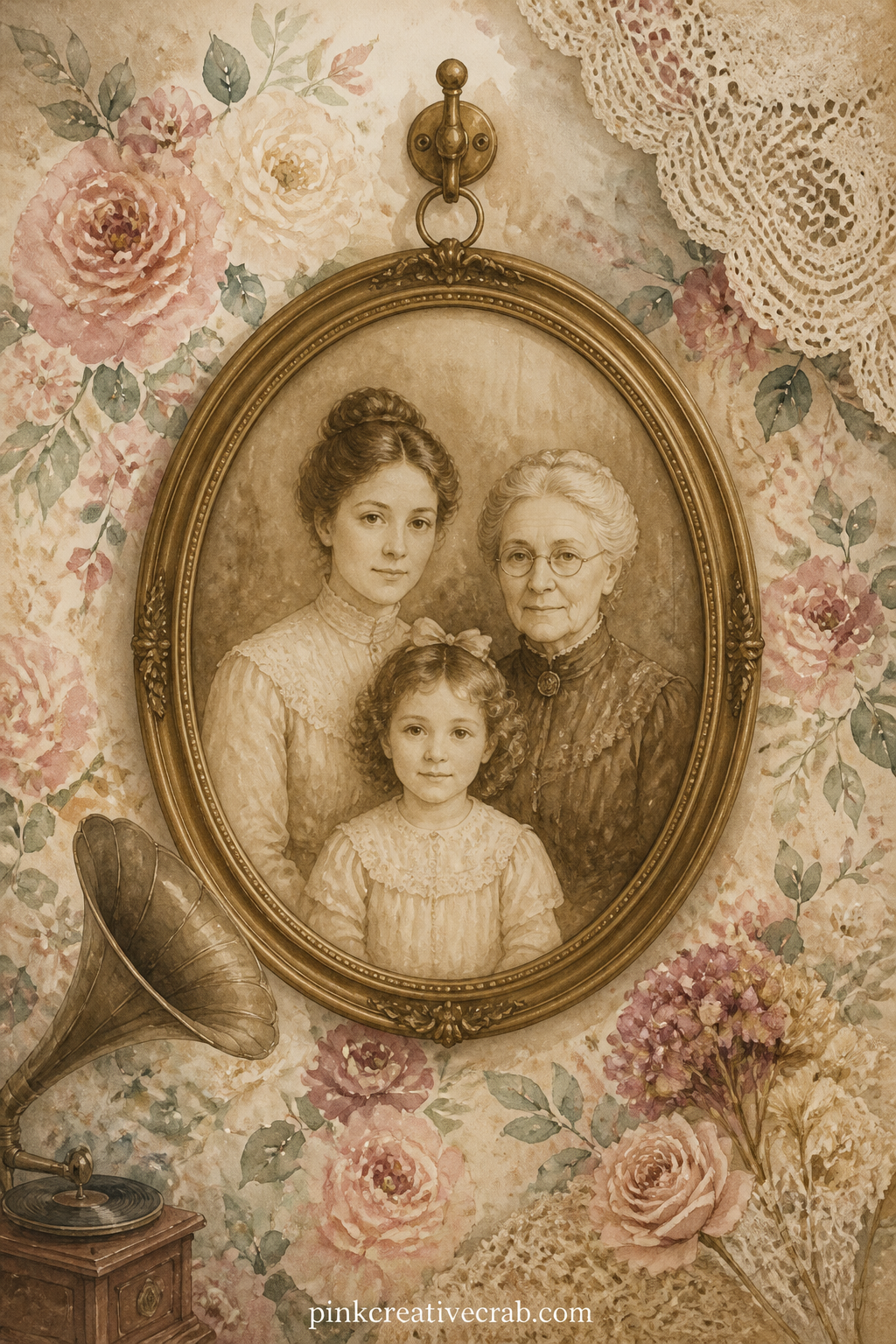 Sepia Family Portrait In An Oval Frame printable page — An oval-framed family group sits at the center, with a carved wood frame edge, a small brass hook