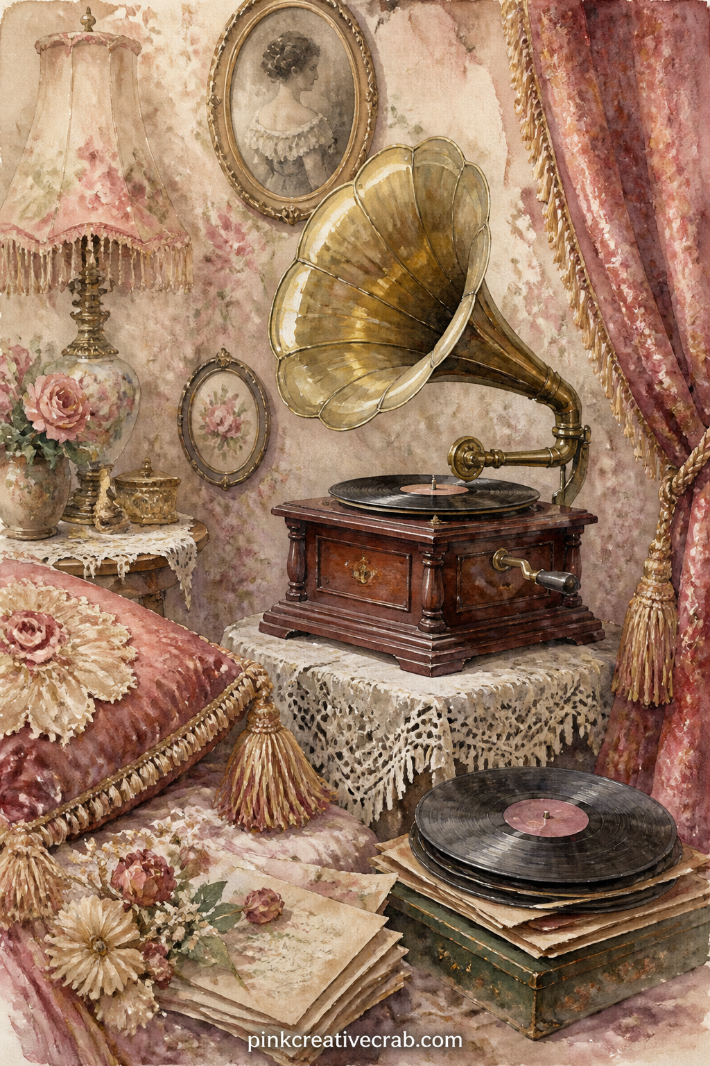 Victorian Parlor With Gramophone printable page — A brass gramophone with a wide horn anchors a Victorian parlor corner, a fringed lamp, a tasseled cushion, a