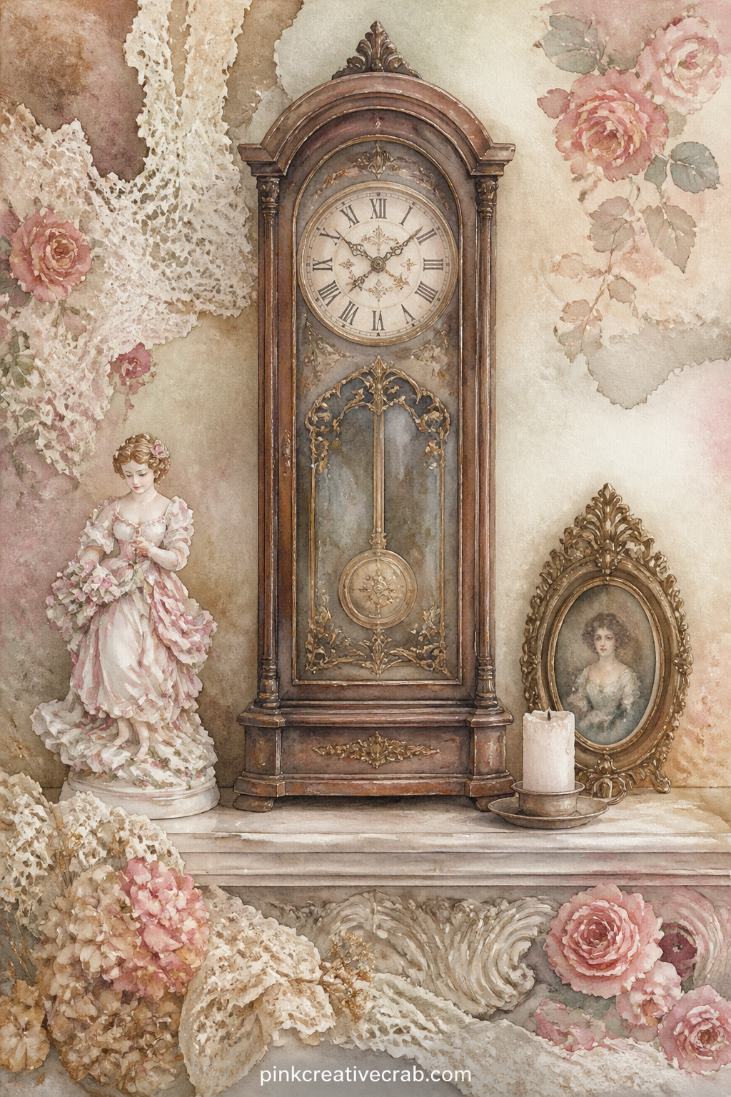 Grandfather Clock And Mantel printable page — Pair this one with the faded wallpaper rose pattern page further on, using a strip of it as a false mantel shelf