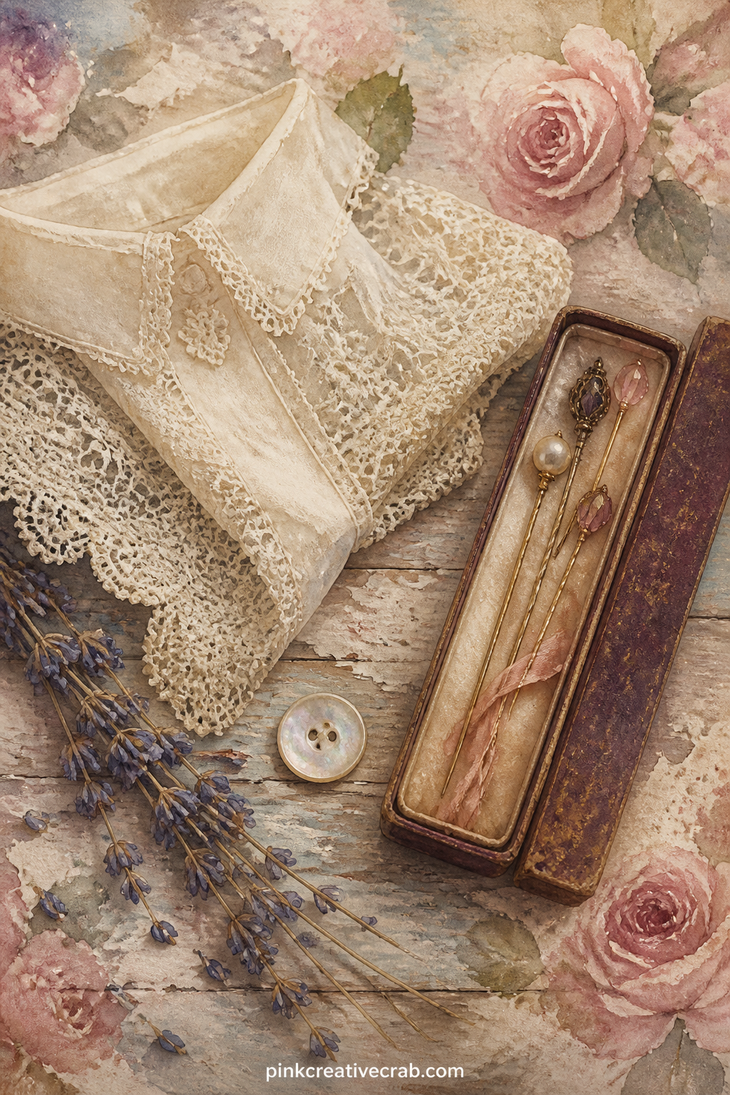 Lace Collar And Hatpin Box printable page — The usual mistake with a small still life like this is leaving too much bare paper around the objects. Vintage junk