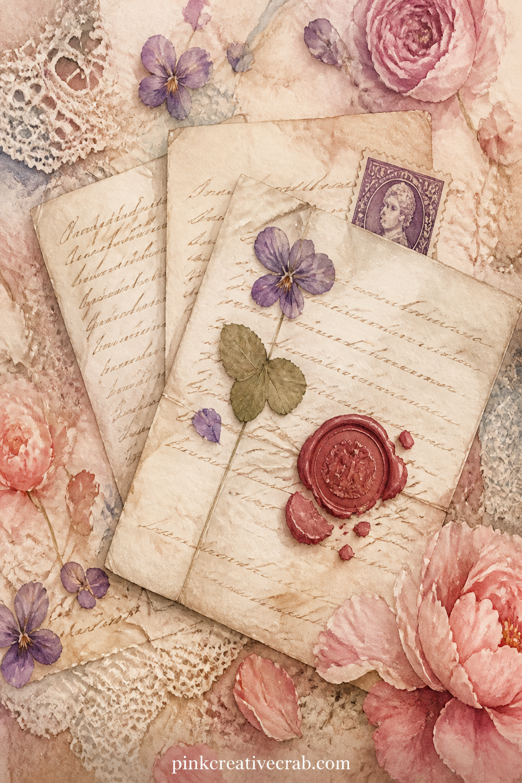 Old Handwritten Letters printable page — Three cream letters lie fanned across the page, their ink faded to brown, a wax seal broken on the topmost one, a