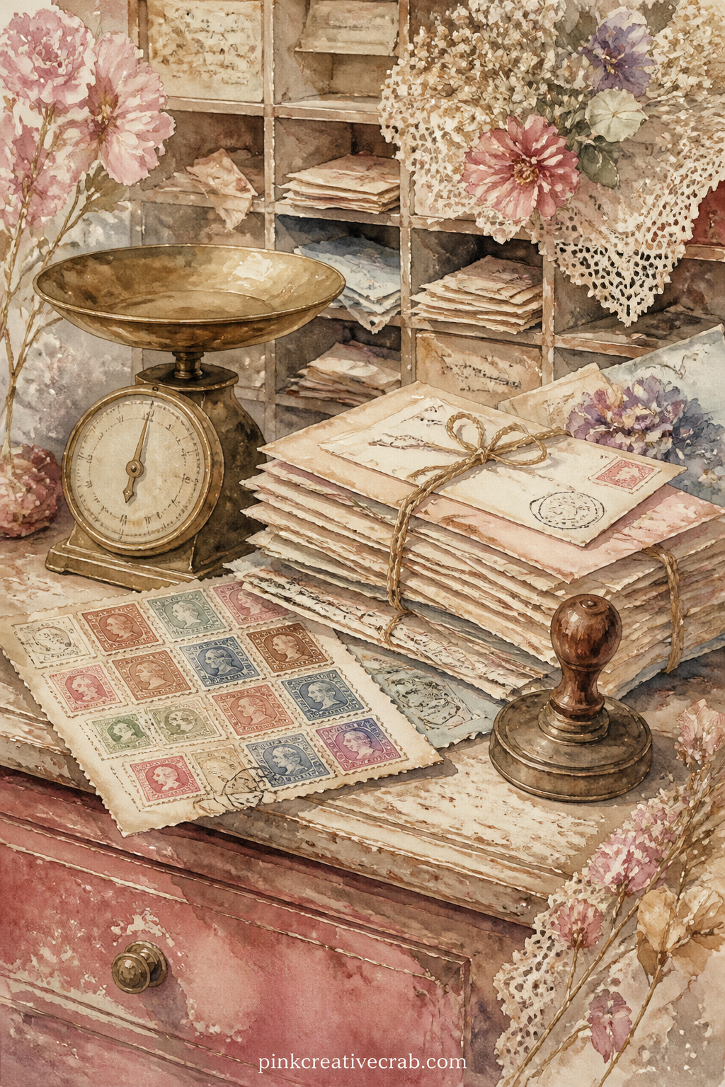 Post Office Counter And Stamps printable page — Fold the postage ledger corner of this page down for a five minute window effect, then slide a real stamp or a