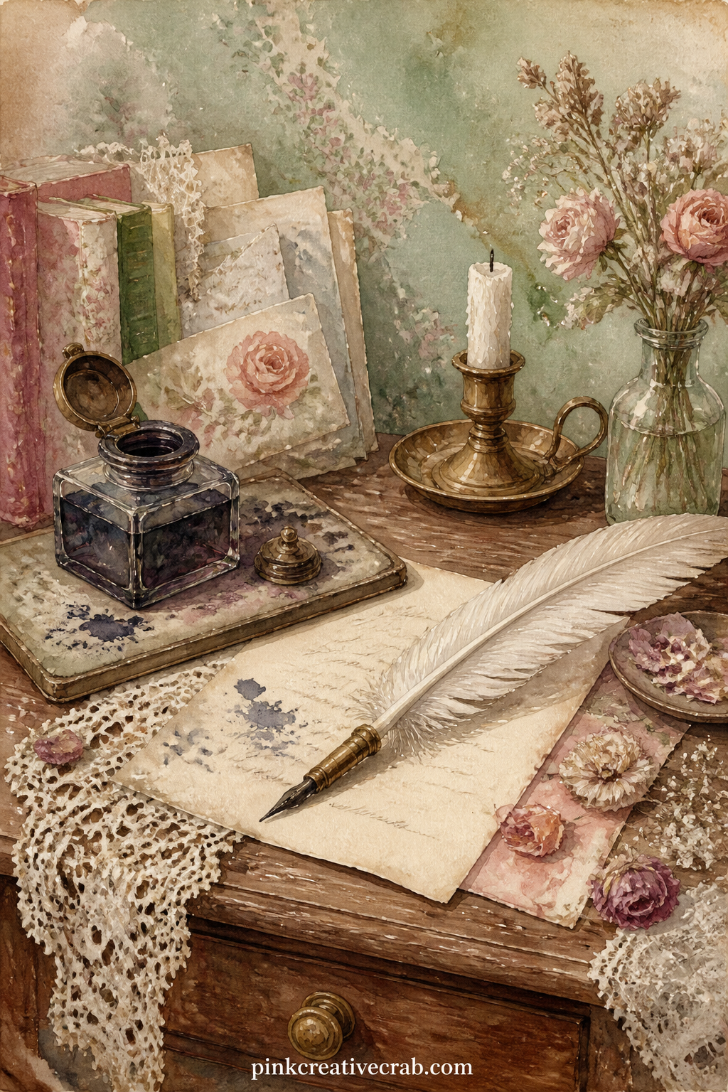 Writing Desk With Inkwell printable page — A writing desk holds a glass inkwell, a quill pen resting across it, a blotter stained with old ink, a half-written