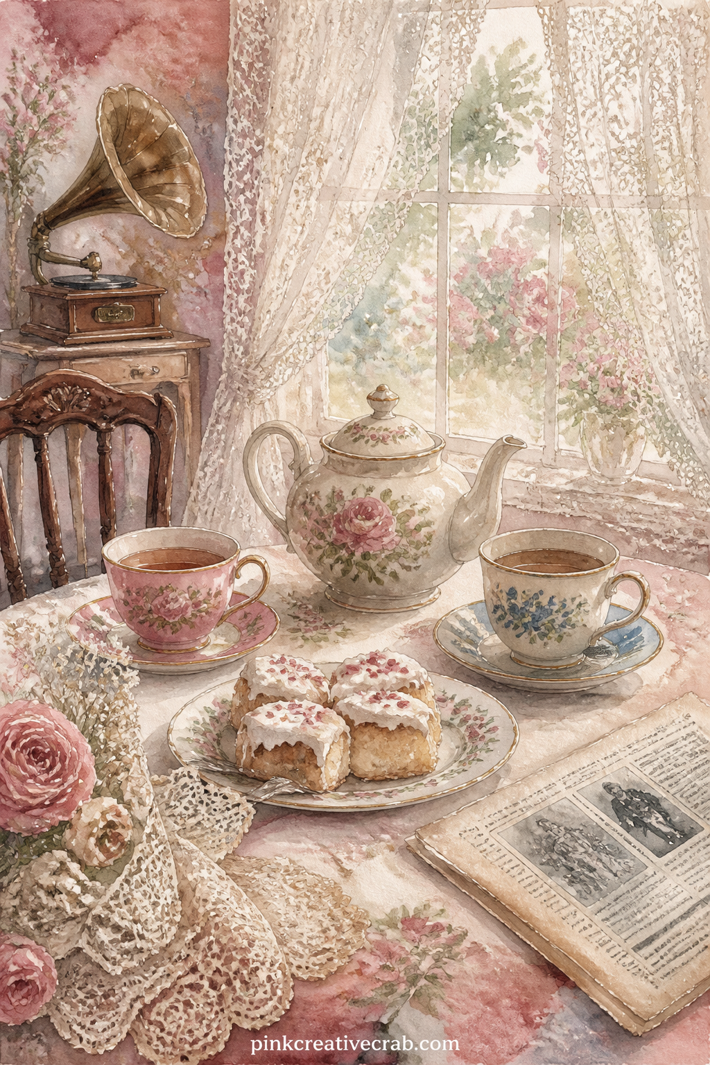 1920s Tea Room With Lace Curtains printable page — A lace-curtained window lights a small tea room table set for two, with a floral teapot, mismatched cups, a