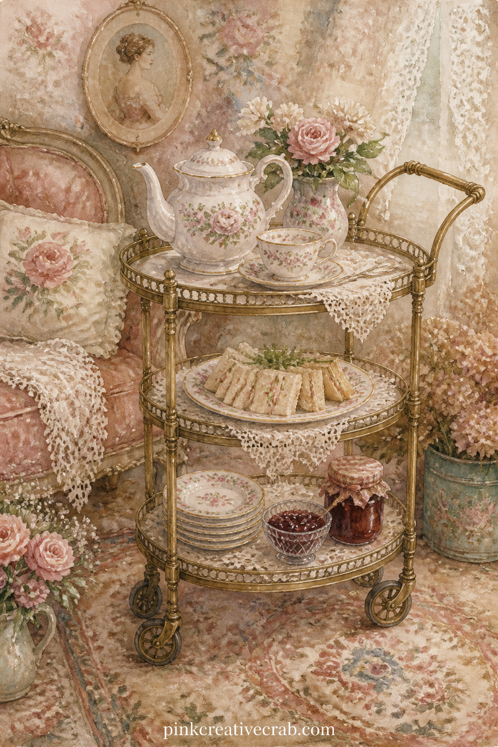 Afternoon Tea Trolley printable page — This page works well next to the tea room page before it: trim the edge of this trolley scene and overlap it slightly so