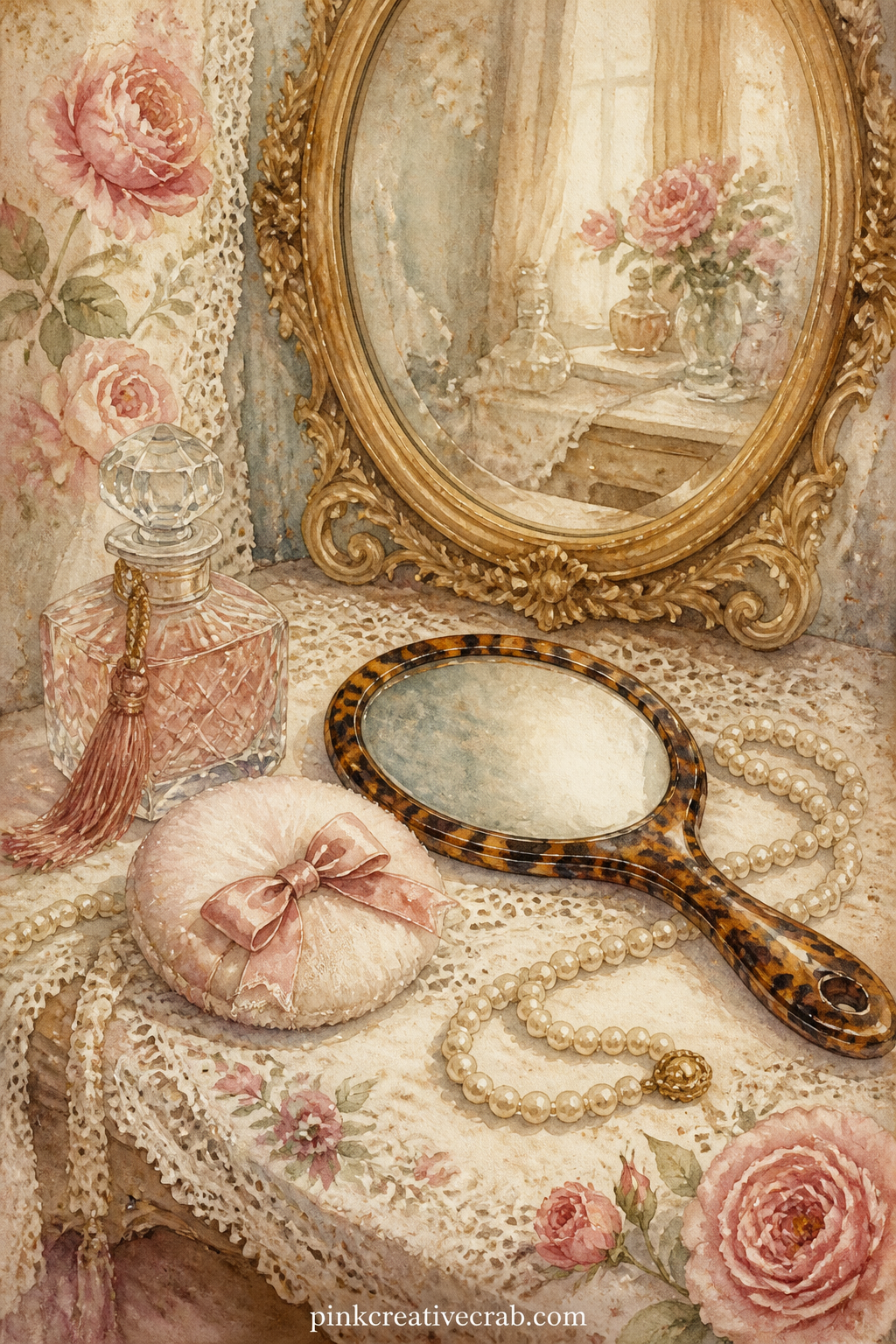 Powder Room Vanity printable page — A tortoiseshell hand mirror, a perfume bottle, a powder puff and a string of pearls sit on a lace vanity runner, a