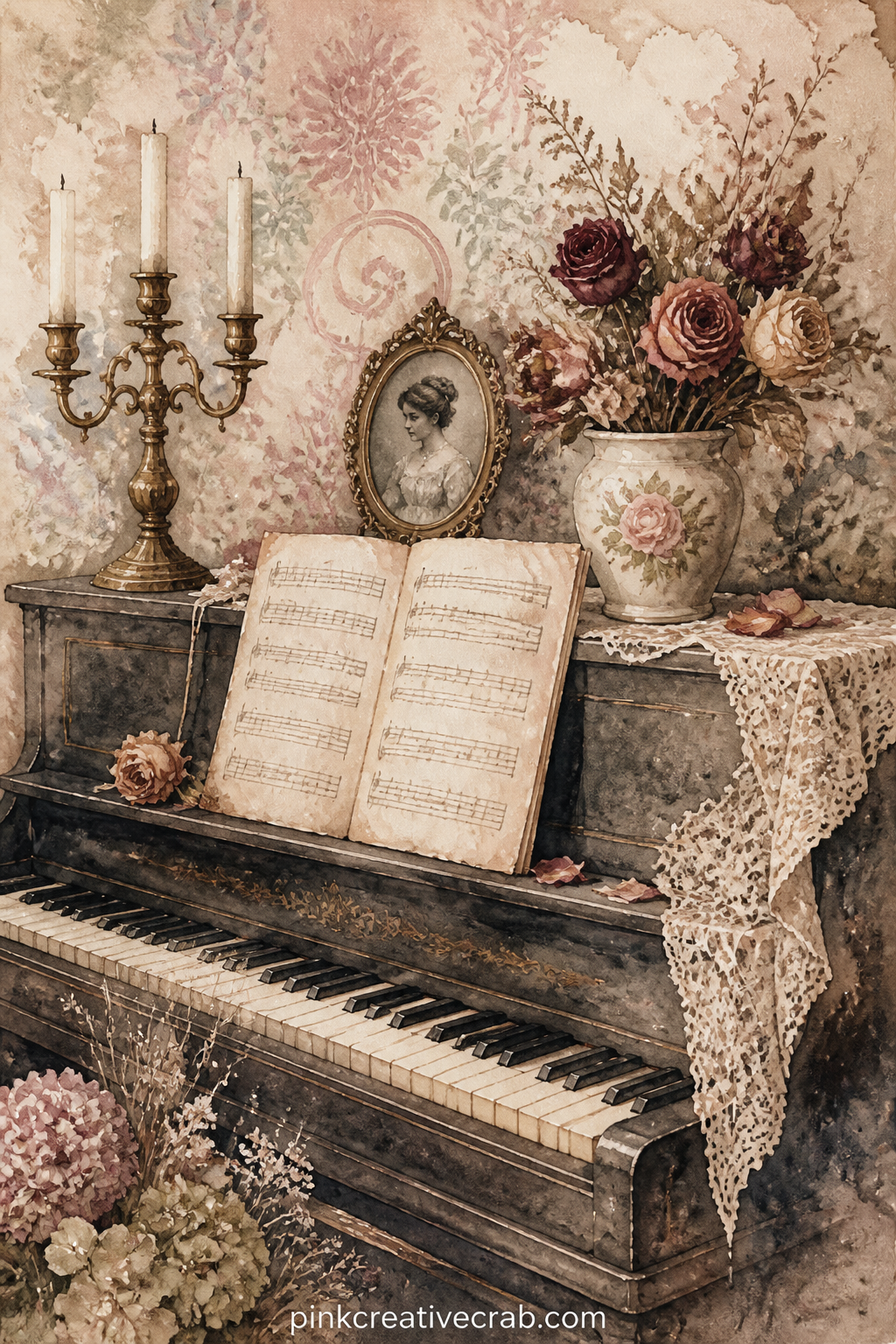 Piano Corner With Sheet Music printable page — An upright piano holds open sheet music, a brass candelabra, a framed photograph and a vase of dried roses, the