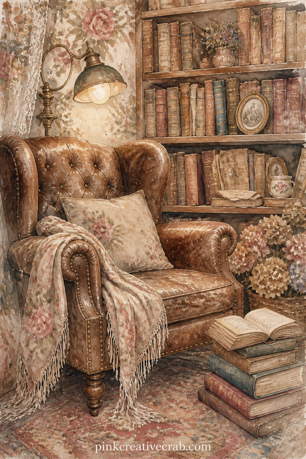 Library Shelf And Reading Chair printable page — If the pattern feels like too much to paint by hand, trace just the chair and the shelf edge faintly in pencil