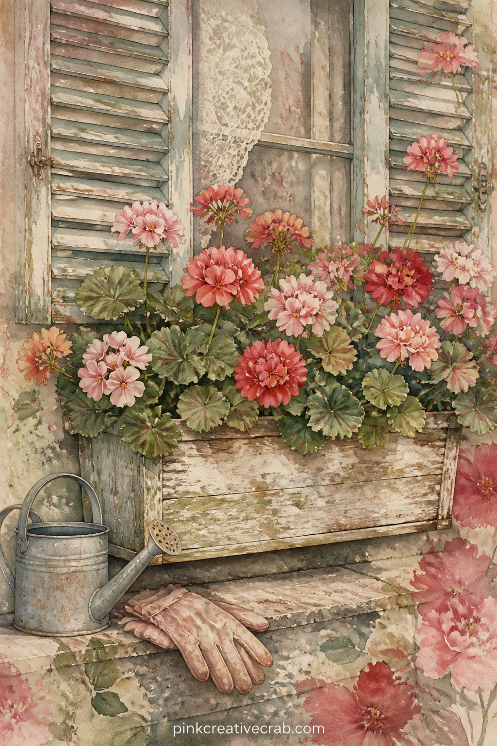 Window Box With Geraniums printable page — A weathered window box of geraniums sits beneath a shuttered window, a watering can and a pair of garden gloves