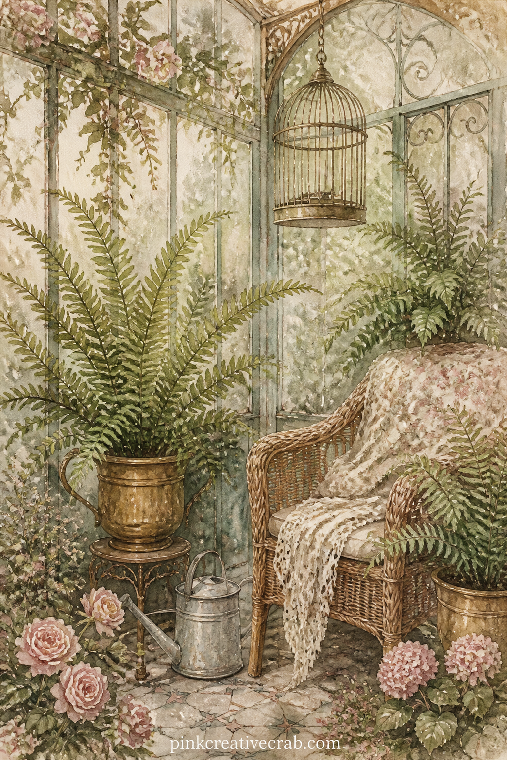 Conservatory With Ferns printable page — A glass conservatory corner holds tall ferns in brass pots, a wicker chair, a watering can and a bird cage hanging