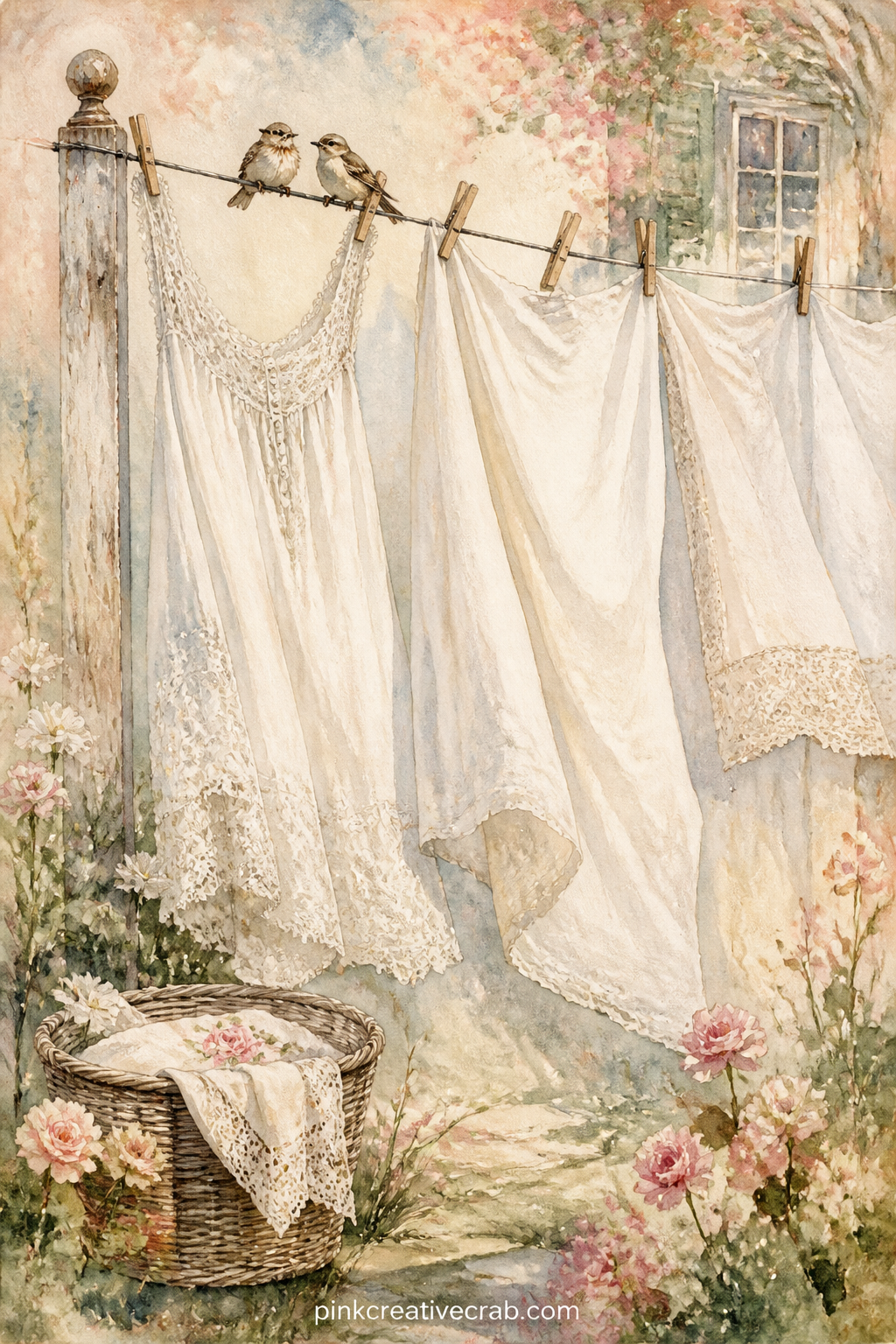 Clothesline And Linen Sheets printable page — The five minute version of this page: paint just the line of hanging linens and the fence post behind, skip the