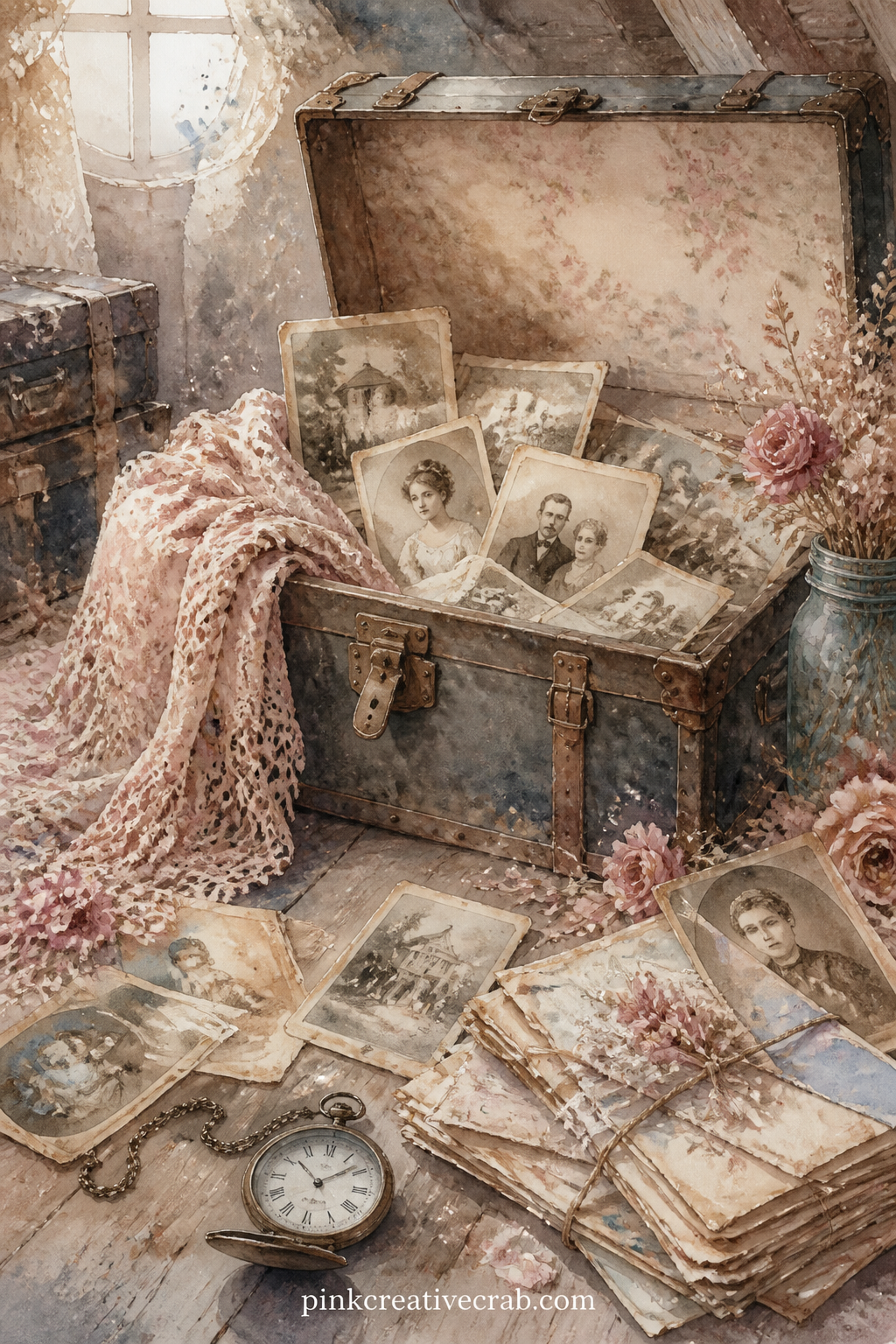 Attic Trunk And Old Photographs printable page — An open steamer trunk spills loose photographs, a folded shawl, a pocket watch and a bundle of letters across