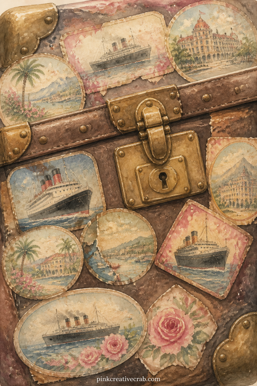 Steamer Trunk Travel Labels printable page — Readers building a travel-themed journal alongside this one may want more street scenes and skylines: the travel