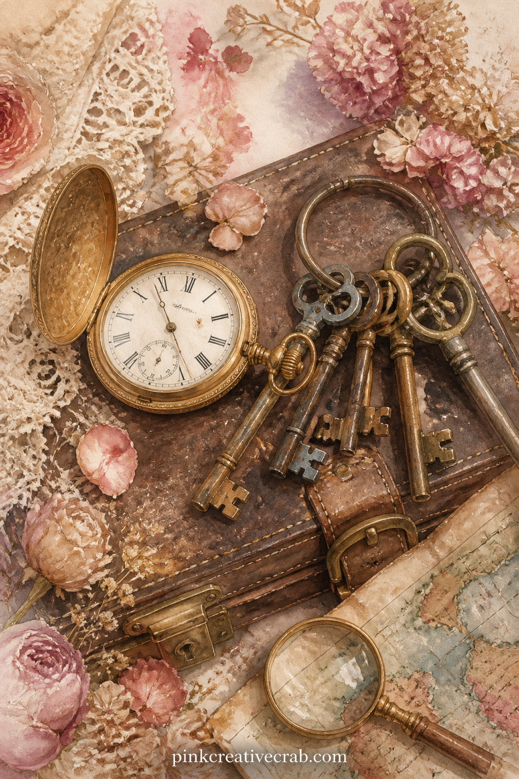 Pocket Watch And Key Ring printable page — A gold pocket watch lies open beside a ring of old keys, a folded map corner and a magnifying lens, all set on a