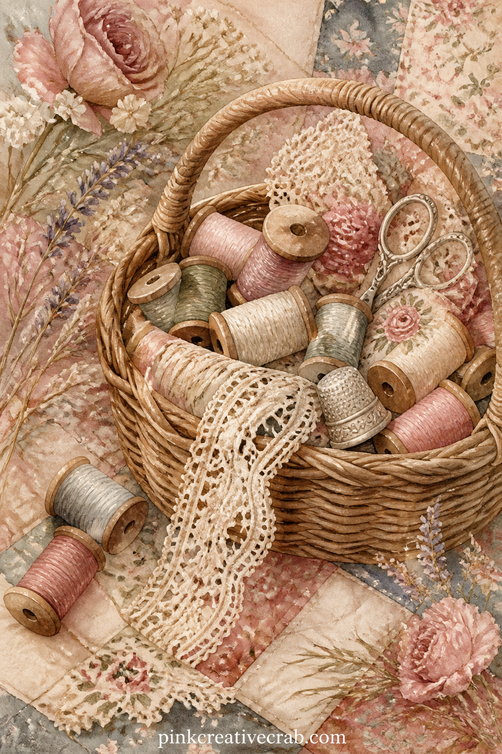 Antique Sewing Basket printable page — A wicker sewing basket overflows with spools of thread, a thimble, a pair of scissors and a half-finished lace edge, set