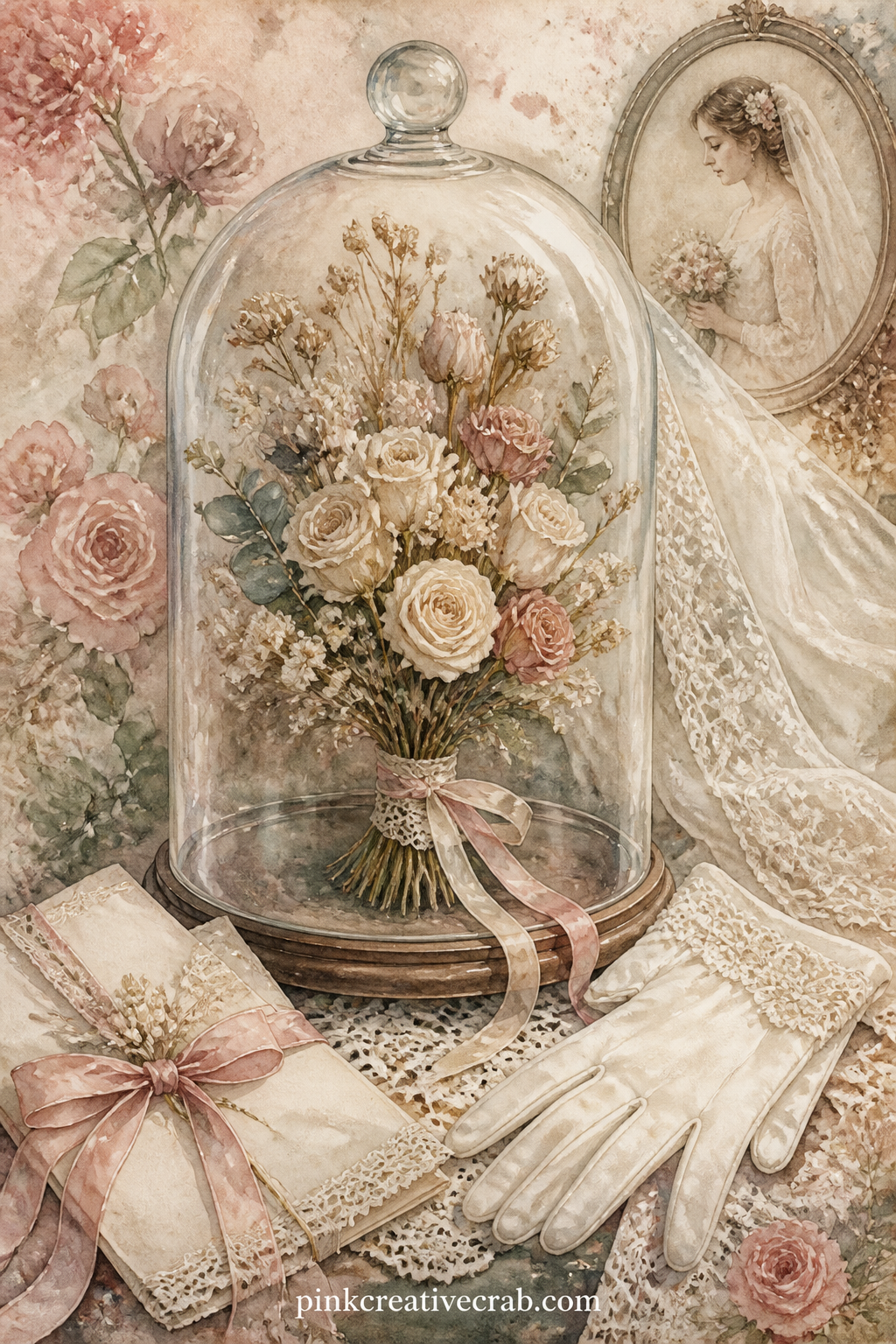 Wedding Bouquet Under Glass printable page — A dried wedding bouquet sits under a glass dome, a folded veil, a pair of white gloves and a ribboned invitation