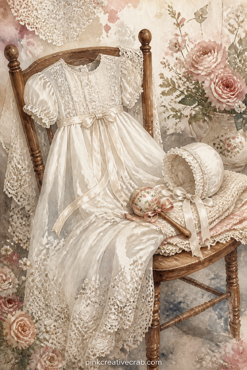 Christening Gown On A Chair printable page — Pair this page with a lined page further in the kit for recording a child's name and birth date, since the gown