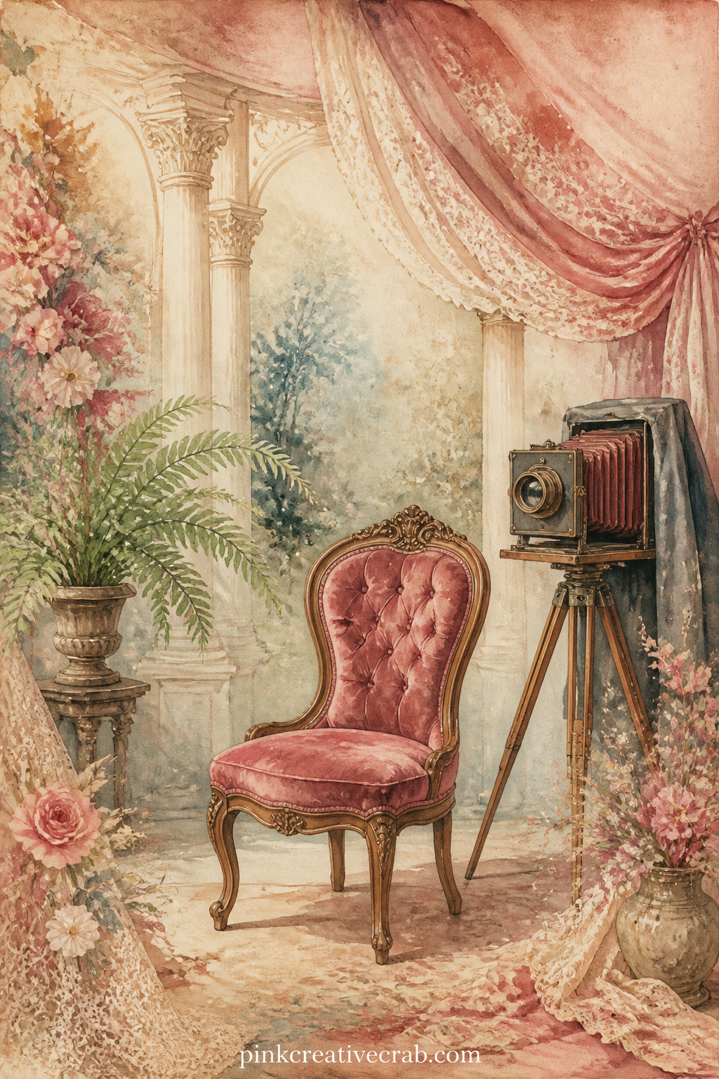 Portrait Studio Backdrop printable page — A painted studio backdrop of columns and drapery stands behind an empty posing chair, a potted fern and a folding