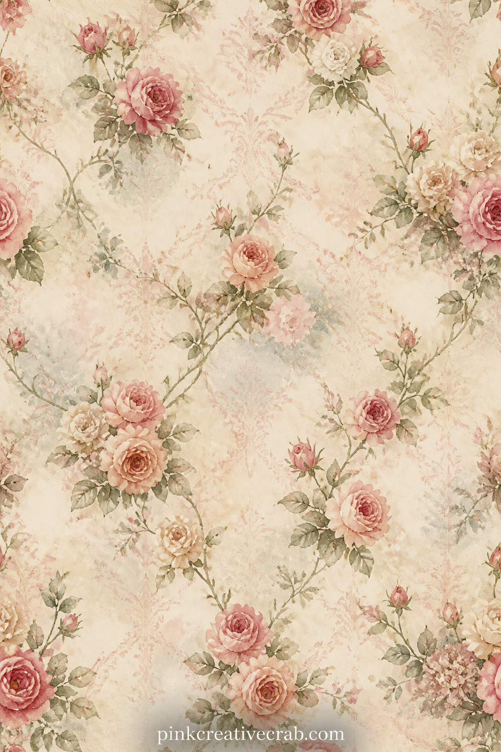 Faded Wallpaper Roses Pattern printable page — Faded rose clusters and thin trailing stems repeat edge to edge in a soft damask rhythm, perfect under a