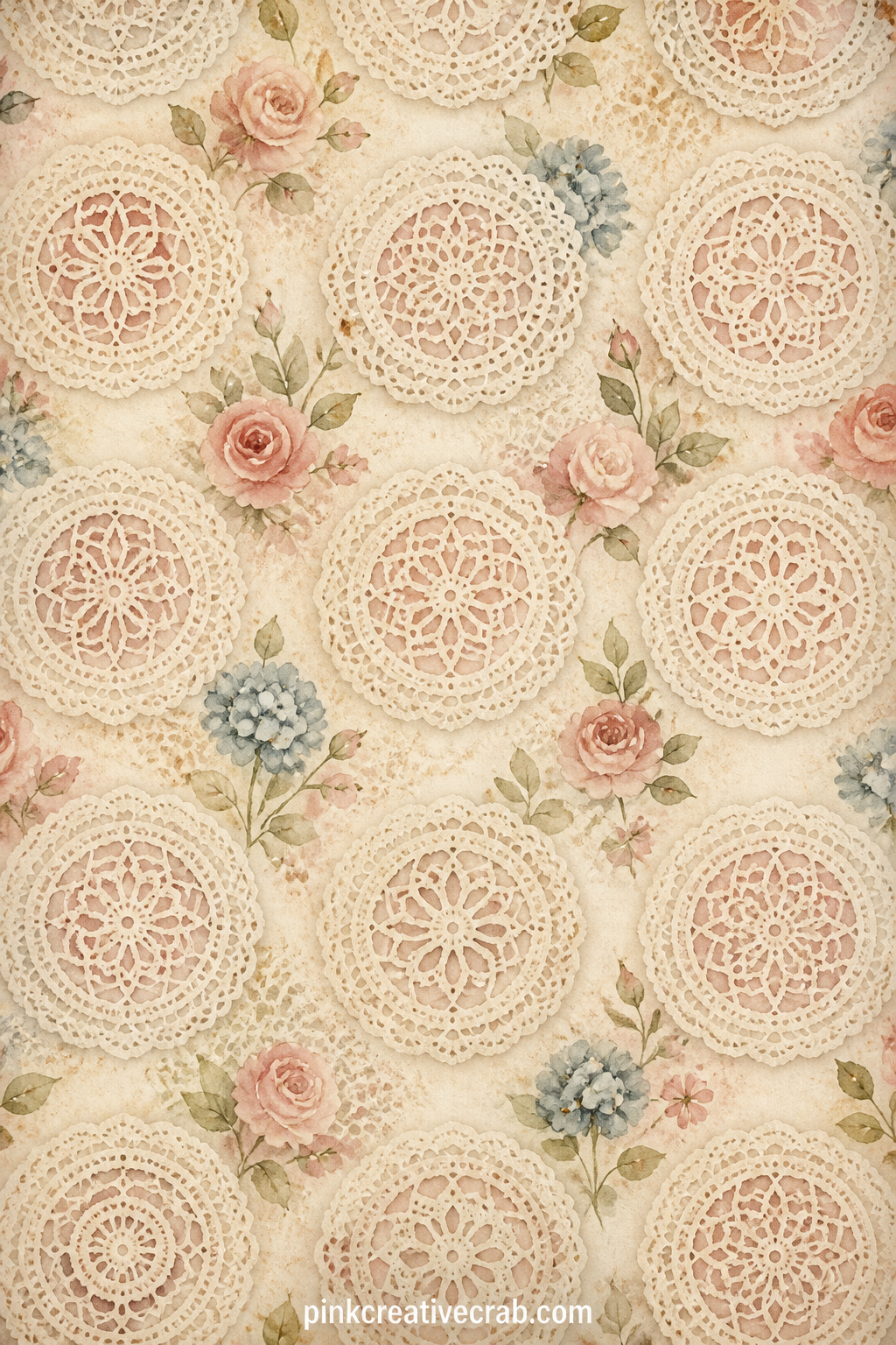 Lace Doily Pattern Background printable page — Small lace medallions repeat in loose rows across the page, suited to a cover sheet, a backing behind a delicate