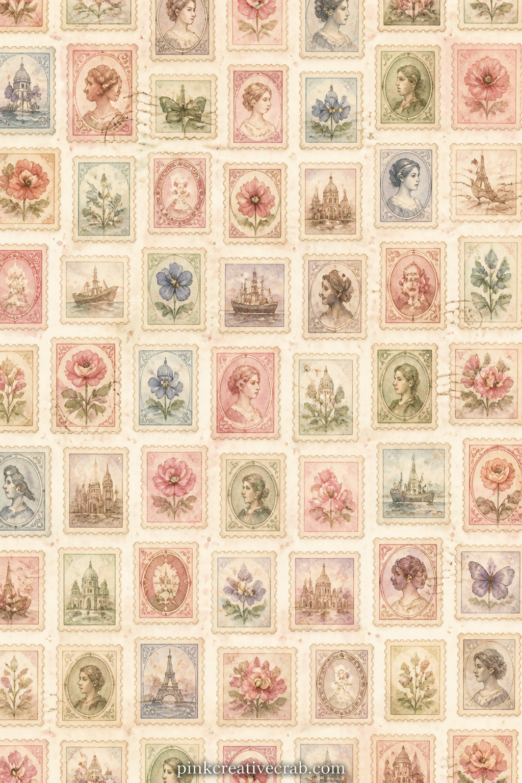 Antique Postage Stamp Pattern printable page — Rows of small faded postage stamps, each slightly different, tile across the page and suit a cover, a lining