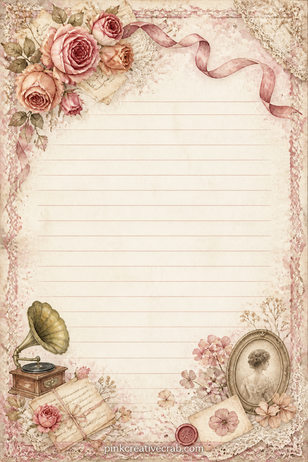 Letters To The Family Lined Page printable page — A corner spray of dried roses and a trailing ribbon frame the top edge, with room below to write a letter to