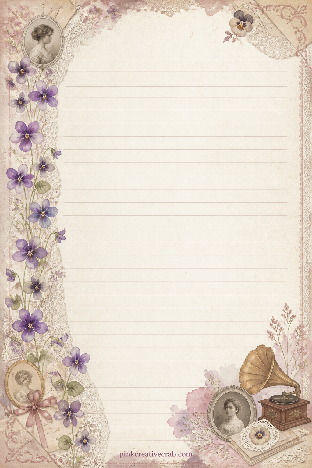 Keepsake Record Lined Page printable page — A thin band of pressed violets runs down the left edge, leaving space to log a gift list of inherited items, a