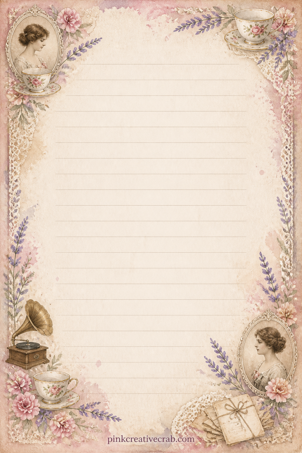 Tea Room Memories Lined Page printable page — Small teacups and sprigs of lavender frame all four corners, suited to writing out a favourite tea blend, the