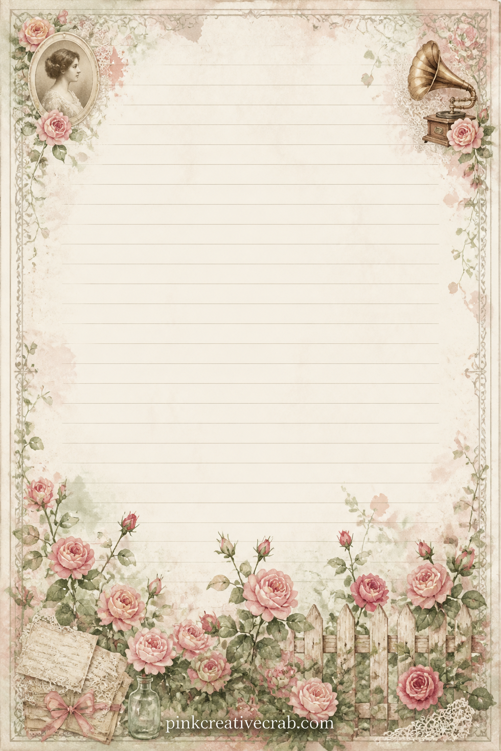 Garden Journal Lined Page printable page — A trailing vine of climbing roses runs along the bottom edge, leaving room to write planting notes, a description of
