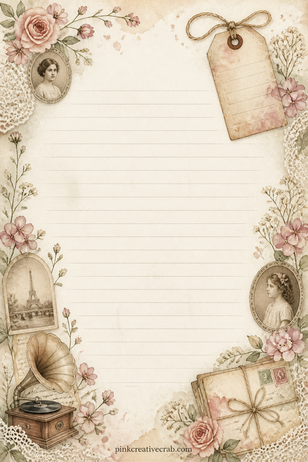Attic Discoveries Lined Page printable page — A faded luggage tag and a loop of twine decorate the top right corner, giving space to write what an attic find