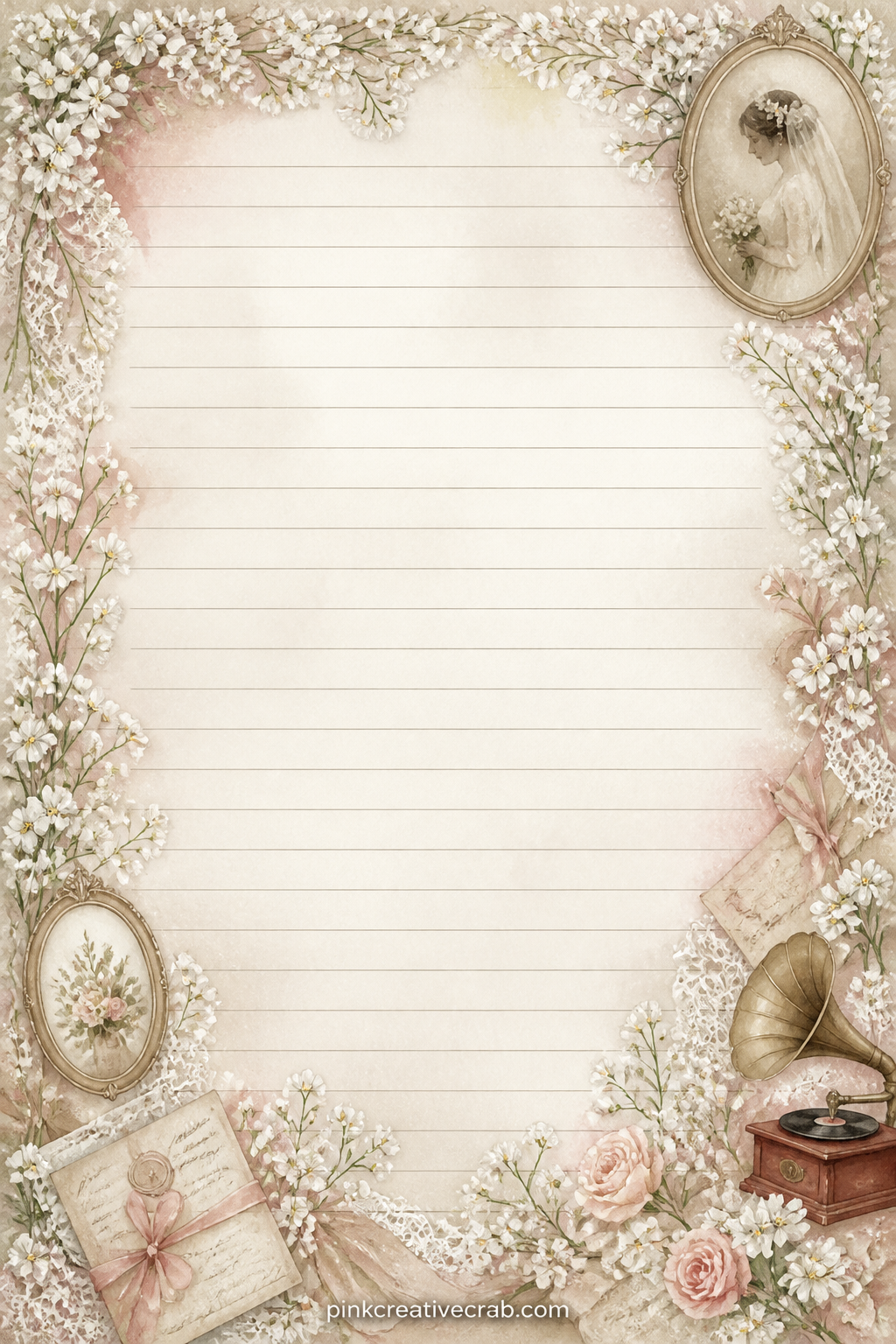 Wedding Keepsake Lined Page printable page — A frame of tiny white blossoms borders the whole page, leaving the center clear for a love letter, vows copied out