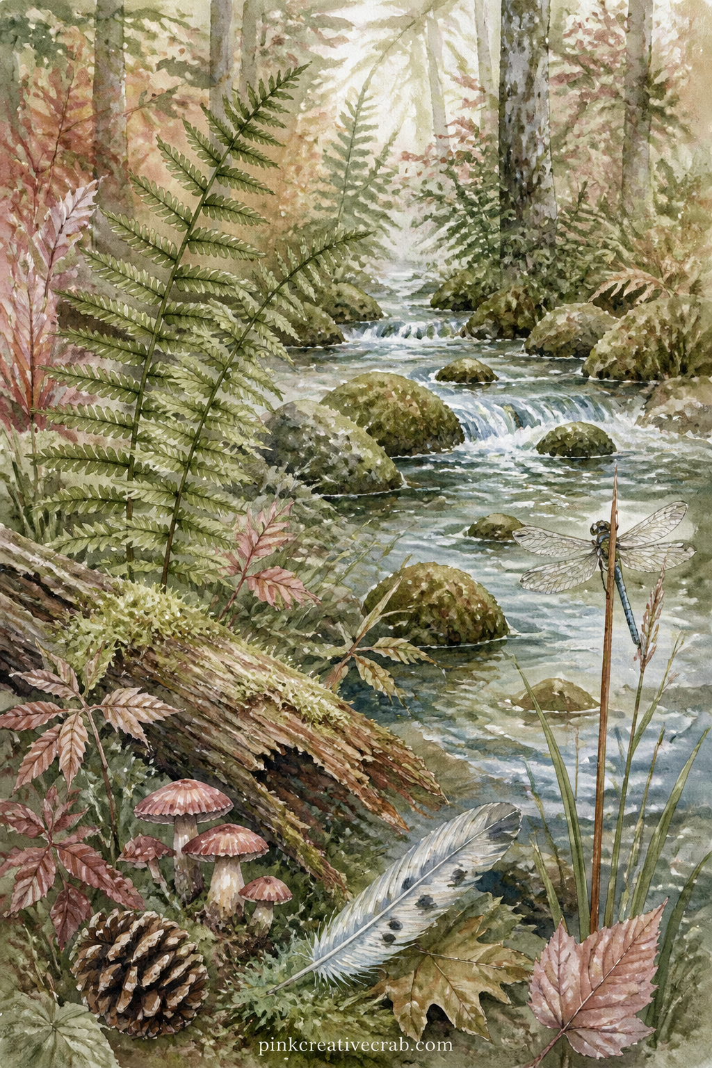 Forest Stream With Ferns printable page — A narrow stream curves between mossy stones and tall ferns, with a fallen log, a cluster of mushrooms and a dragonfly
