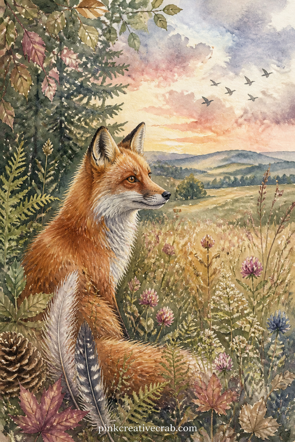 Fox At The Meadow Edge printable page — Pair this page with the pinecone and feather pattern later in the set: print the fox scene on the right page of a