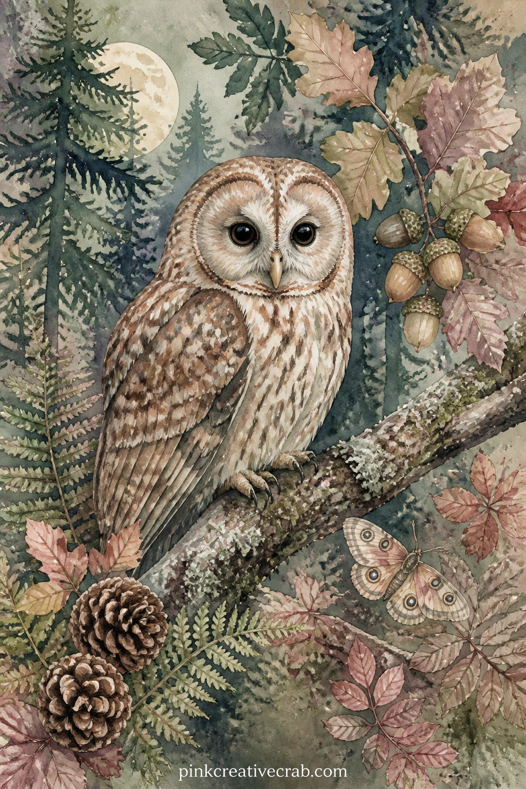 Woodland Owl On A Branch printable page — Write the date and the name of the trail under this one, since an owl page often marks the quiet end of a long walk
