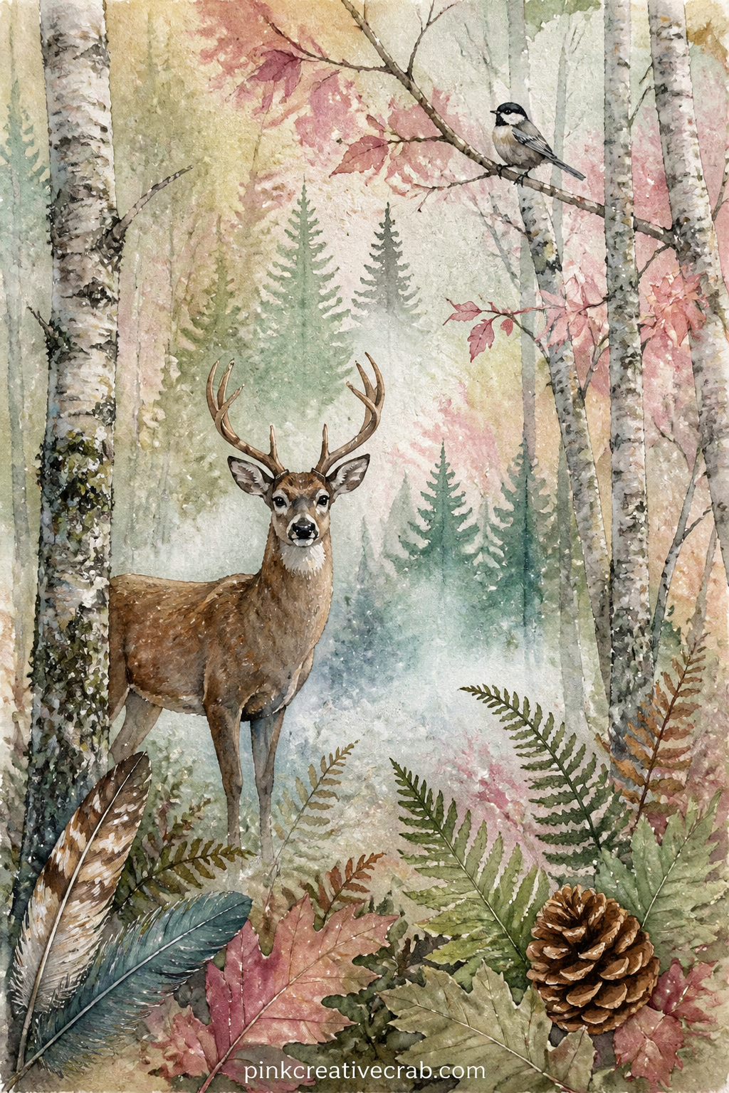 Deer In Morning Mist printable page — The usual mistake with a misty scene is leaving the background too pale, so the deer seems to float with nothing around