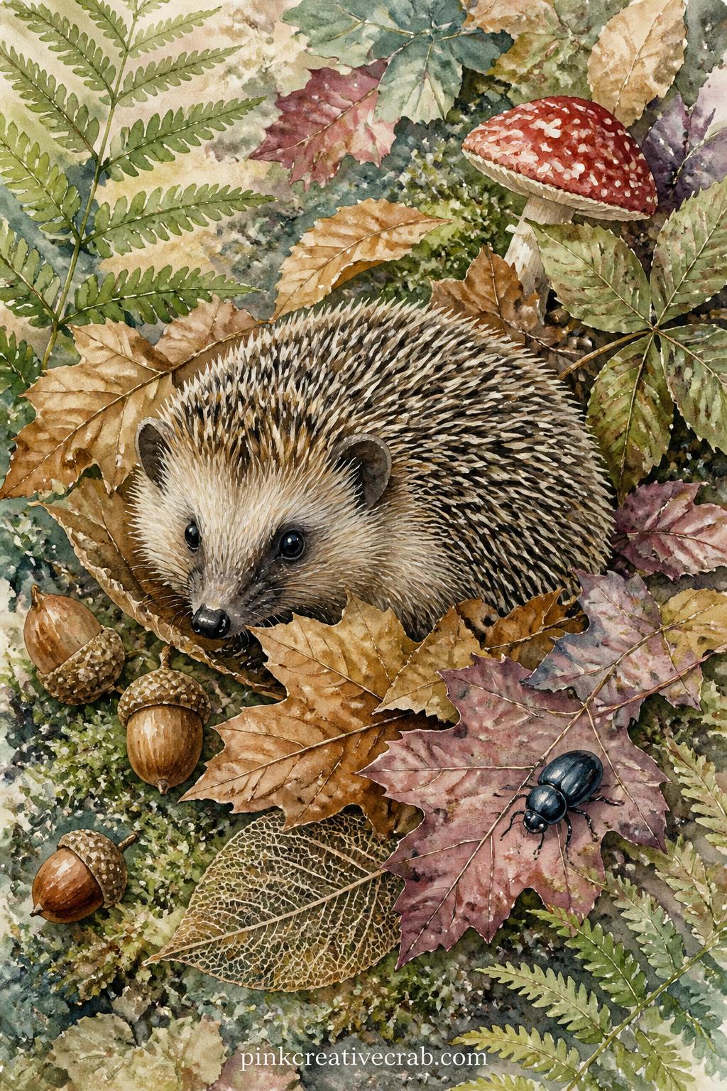 Hedgehog Among Fallen Leaves printable page — Glue a small pressed leaf or a torn scrap of autumn-colored paper right beside the hedgehog, tucked half under