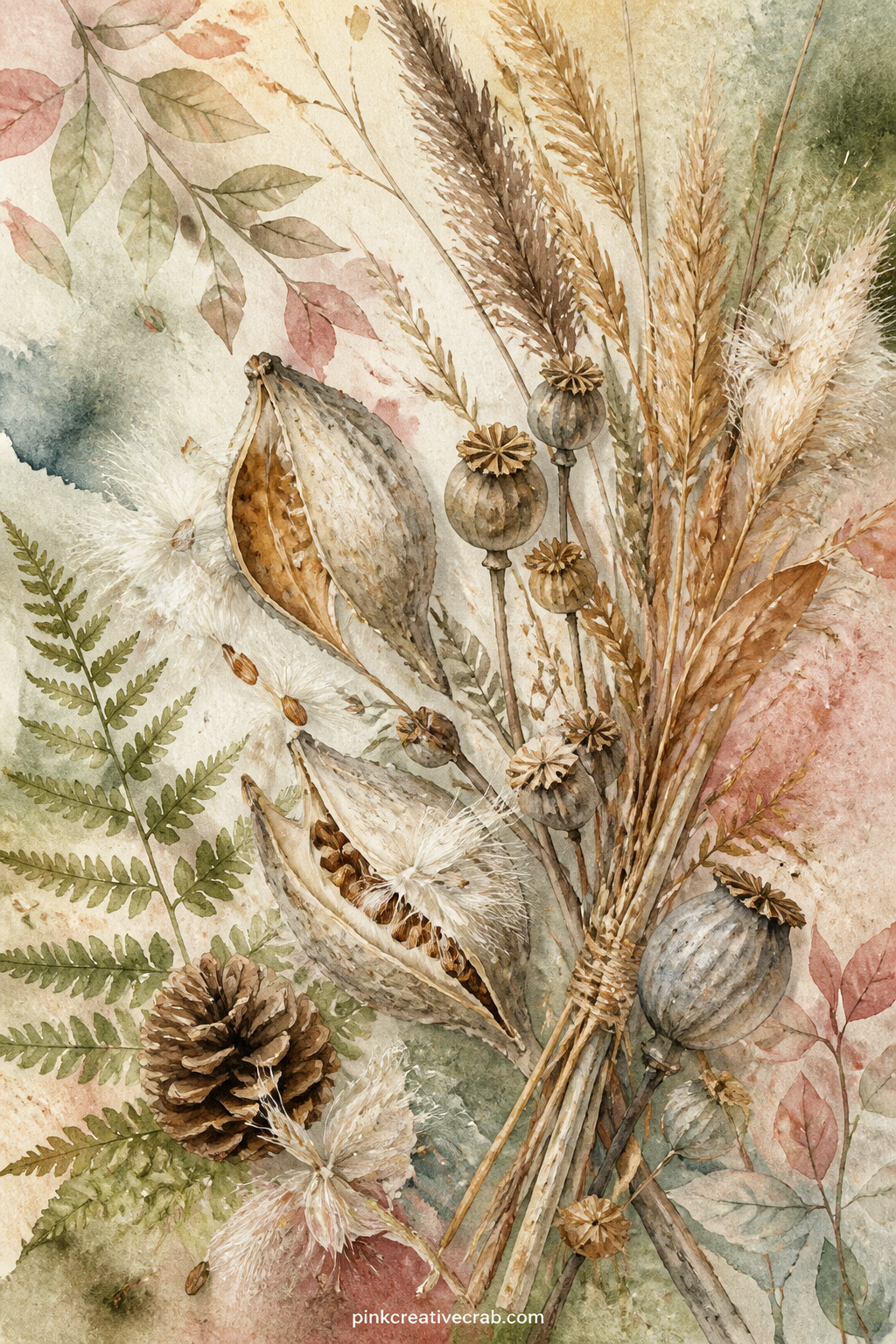 Seed Pods And Dried Grasses printable page — Tear the right edge of this sheet by hand rather than cutting it, so the seed pods look like they were gathered