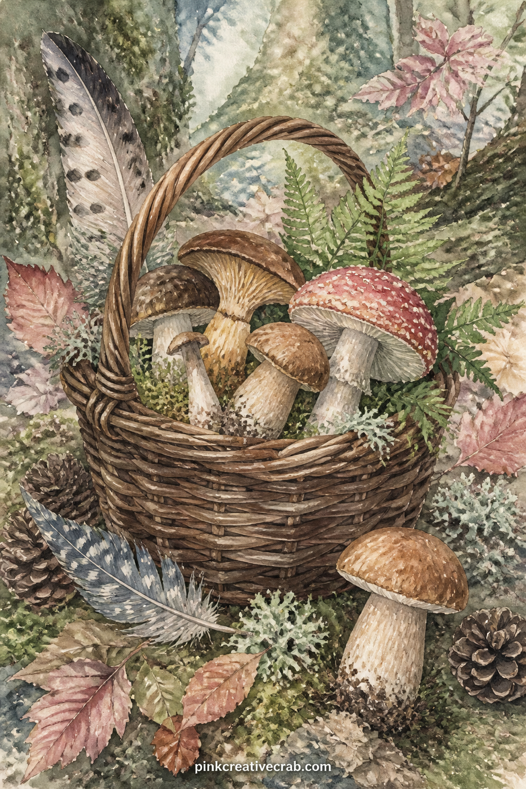 Mushroom Foraging Basket printable page — This page suits a reader who journals her foraging walks, since there is room beside the basket to note where each