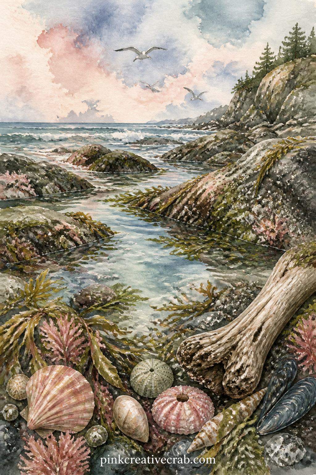 Rocky Coastline At Low Tide printable page — Tea-stain just the bottom third of this sheet before painting, so the tide line looks naturally darker and