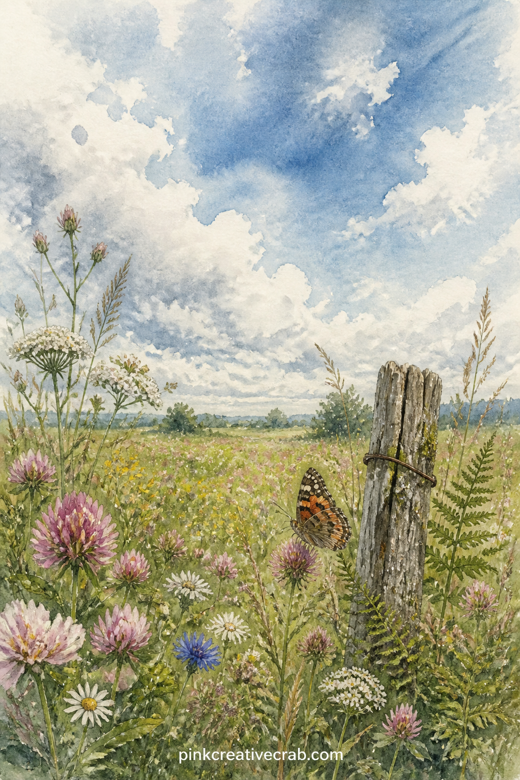 Meadow Under A Summer Sky printable page — Pair this page with the floral border lined page later in the set, placing the open meadow on the left and the lined