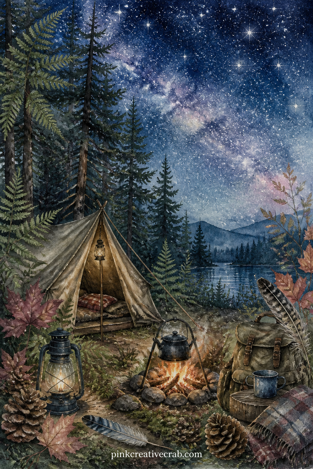 Starlit Campsite By The Trees printable page — The usual mistake with a night scene is painting the sky too dark to print well on a home printer, which loses