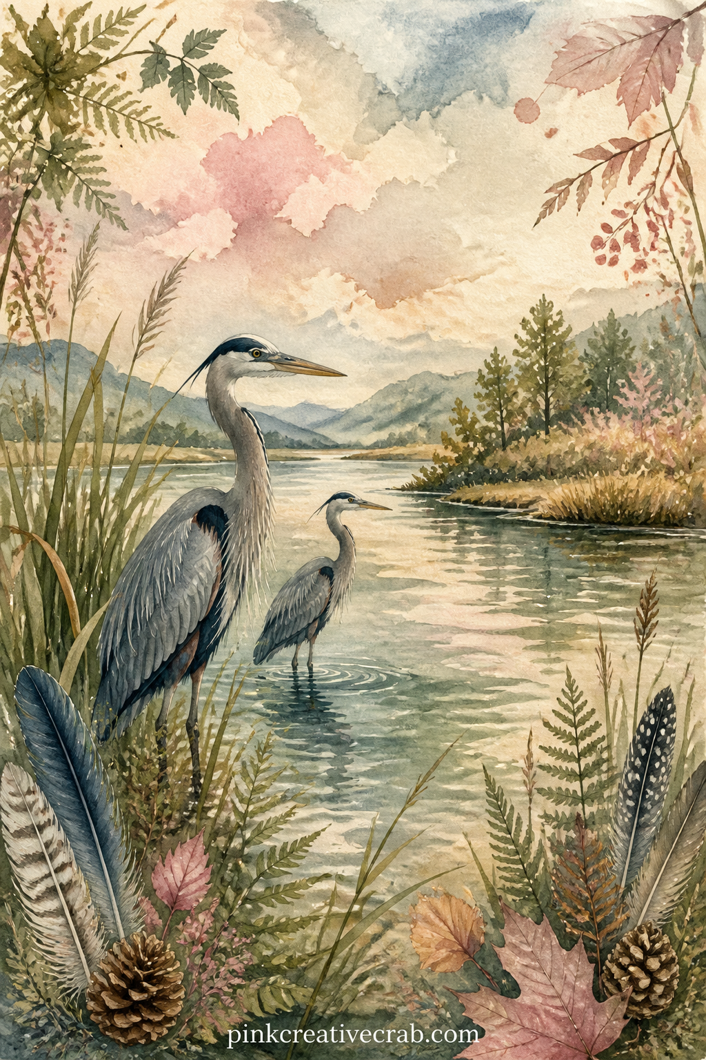River Bend With Herons printable page — Two herons stand in the shallows of a wide river bend, with reeds along the bank and low hills fading into the painted