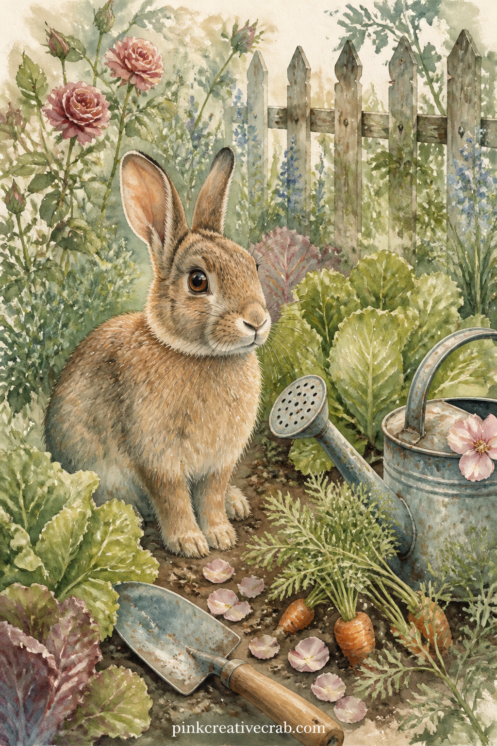 Rabbit In The Garden Patch printable page — A rabbit sits among rows of lettuce and carrot tops in a small garden patch, with a watering can, a trowel and a