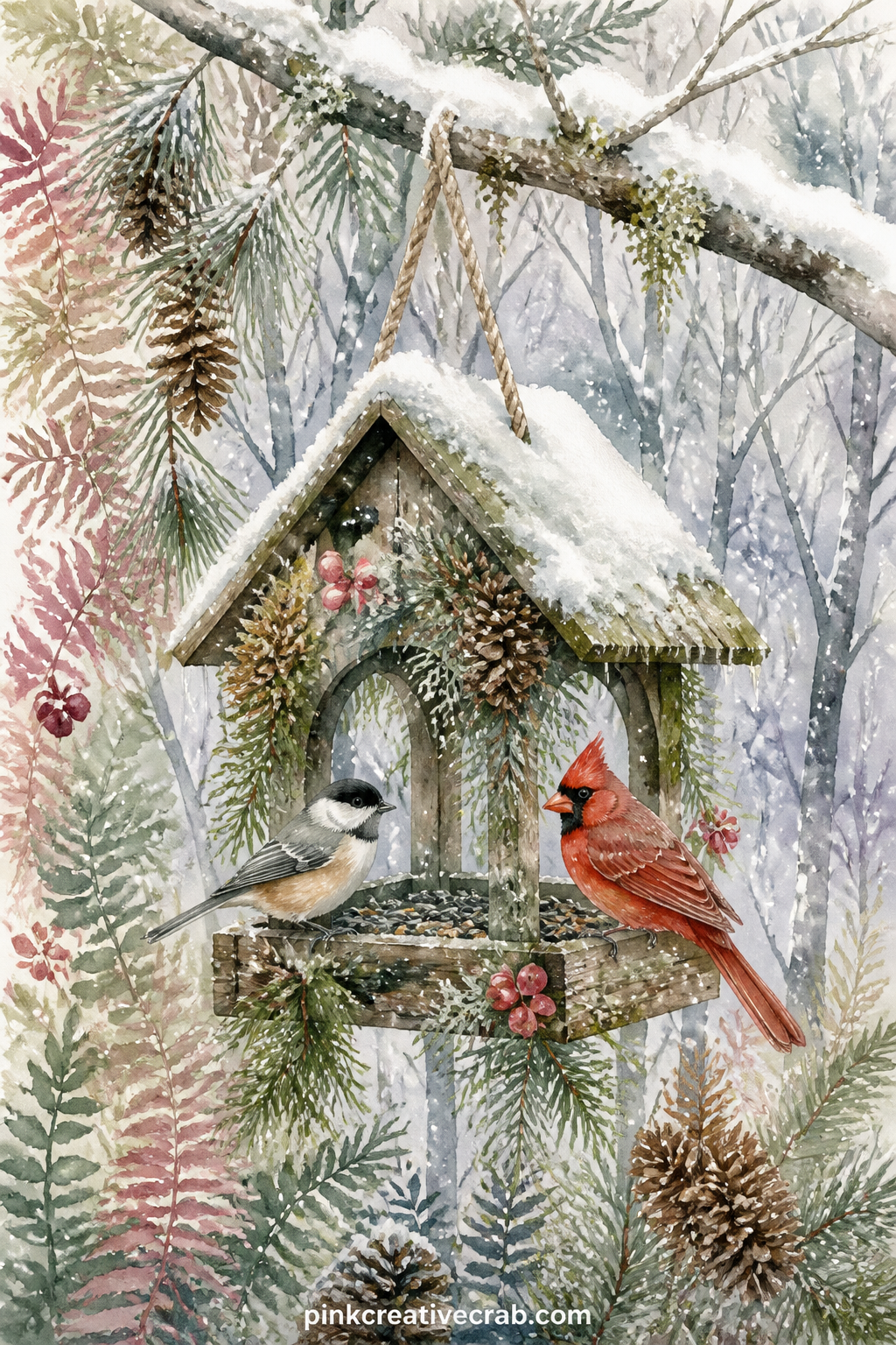 Bird Feeder In Winter printable page — Cut a small window into the printed snow around the feeder before gluing this page in, so a real photo or a scrap of
