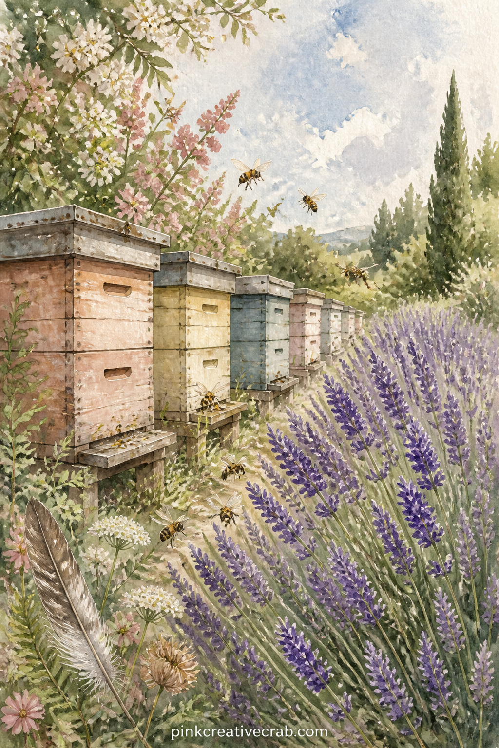 Beehive And Lavender Row printable page — Make this page a gift for the reader in your life who keeps bees or just loves lavender, since the small details