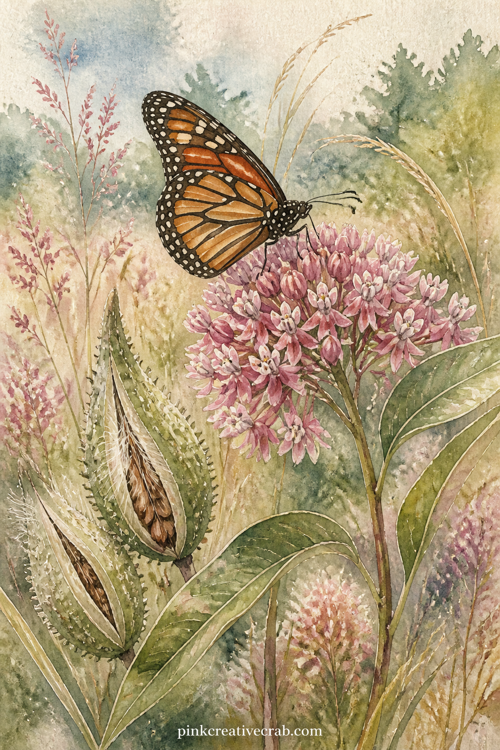 Butterfly On Milkweed printable page — A single monarch butterfly rests on a milkweed bloom. Nature junk journal