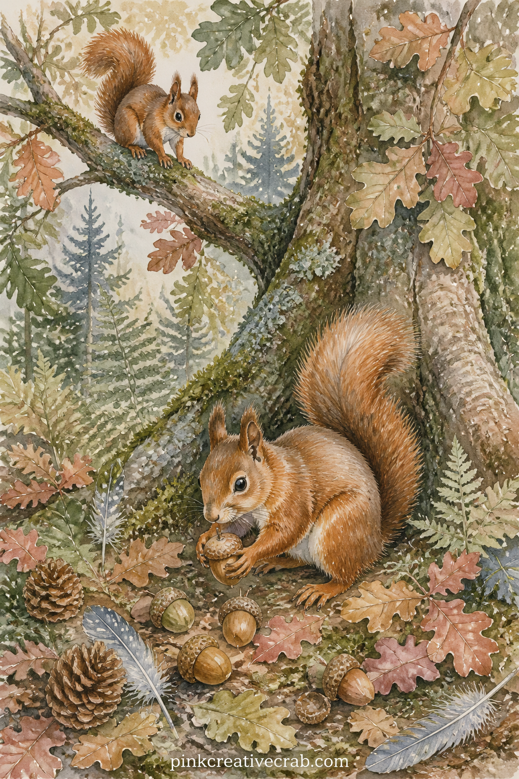 Squirrel Gathering Acorns printable page — A squirrel gathers acorns at the base of an old oak tree, with more acorns scattered nearby, a few fallen leaves and