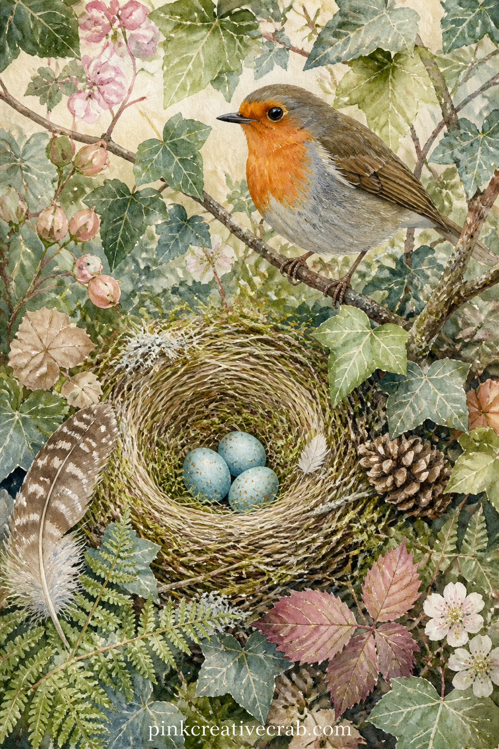 Robin's Nest In The Hedge printable page — Place this page across from the lake at dawn page from earlier in the set, so a close nest full of small blue eggs